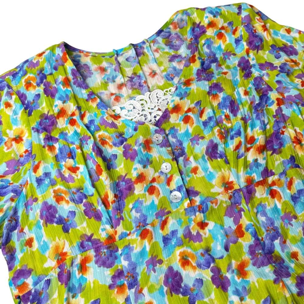 Womens Watercolor Floral Midi Dress XL Multicolor Lace Cottagecore Tea Party
